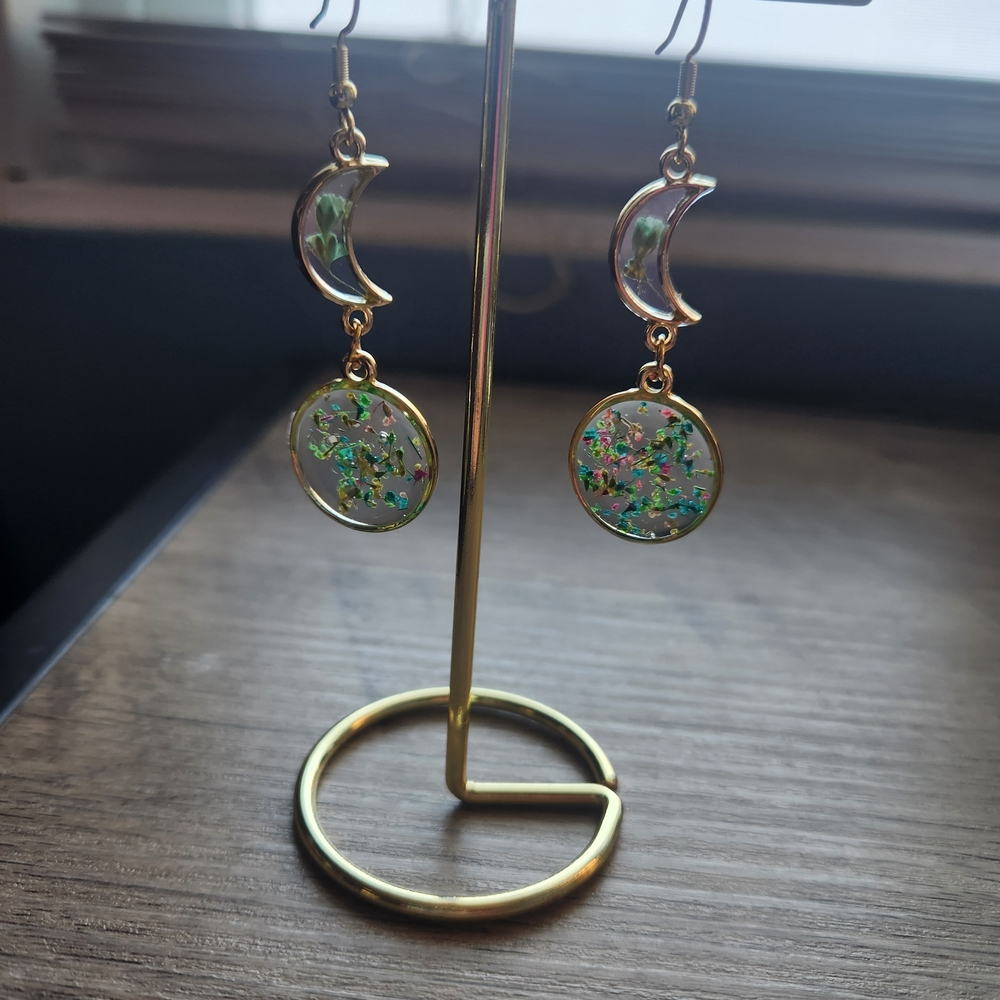 Gold and Green Moon Earrings